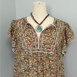 Max Studio Floral Boho Blouse | Size Large | Short Sleeve | Earth Tones